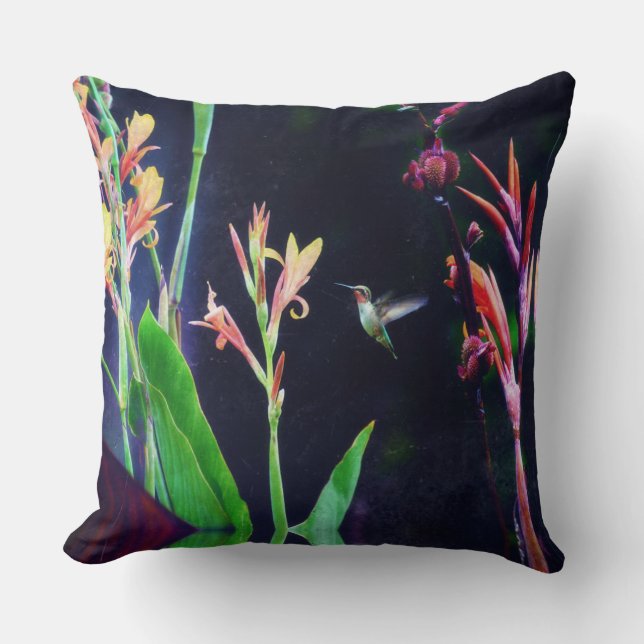Hummingbird and Exotic Flowers Dark Colours Throw Pillow (Front)