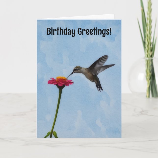 Hummingbird and Flower Art Cute Birthday Card (Front)