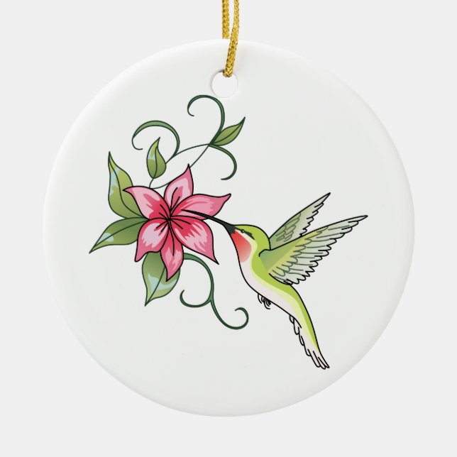 Hummingbird and Flower Ceramic Ornament (Front)