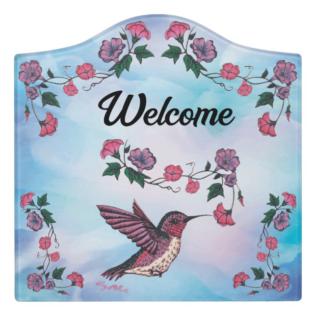 Hummingbird And Flower  Door Sign (Large Crest Front)