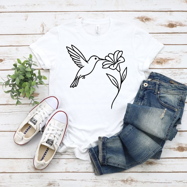 Hummingbird and Flower – Minimalist Black Line Art T-Shirt (Creator Uploaded)