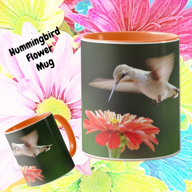 Hummingbird and Flower Pretty Mug Cup (Pretty Hummingbird hovering over a Zinnia flower, pretty mug.)