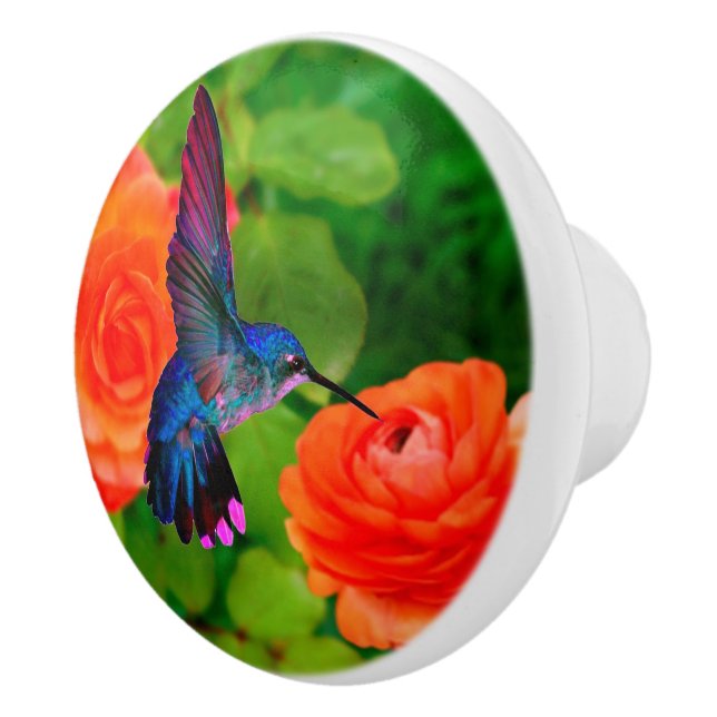 Hummingbird and Flowers Ceramic Knob (Right)