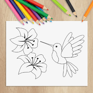 Hummingbird and Flowers Coloring Page Rubber Stamp