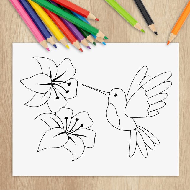 Hummingbird and Flowers Coloring Page Rubber Stamp (Creator Uploaded)