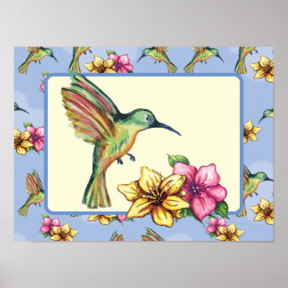 Hummingbird and Flowers Poster