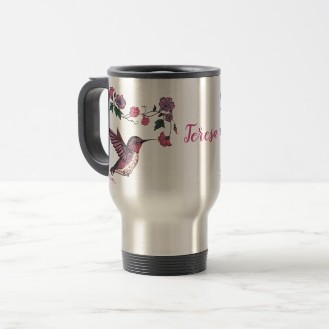 Hummingbird and Flowers Travel Mug (Front Left)