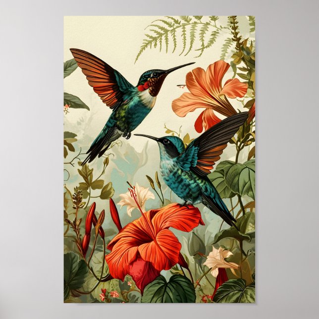 Hummingbird and Flowers: Vintage Poster (Front)