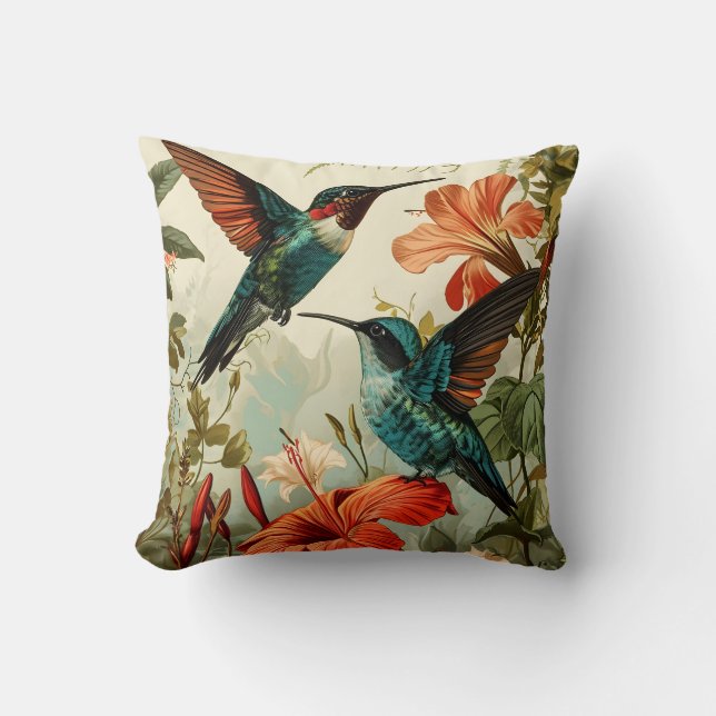 Hummingbird and Flowers: Vintage Throw Pillow (Front)