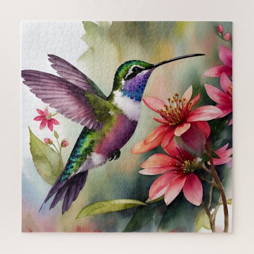 Hummingbird And Flowers Watercolor Art Jigsaw Puzzle