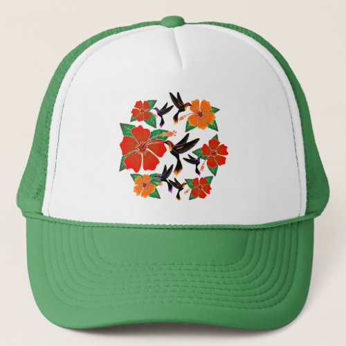 Hummingbird and Hibiscus Batik Trucker Hat