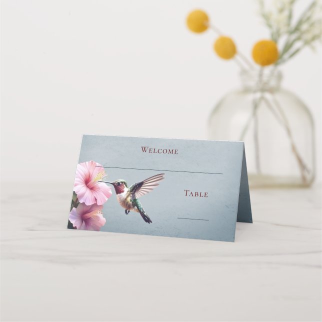 Hummingbird and Hibiscus | Blue Reception Place Card (Front)