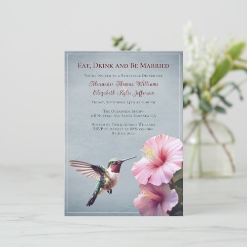 Hummingbird and Hibiscus  Blue Rehearsal Dinner Invitation