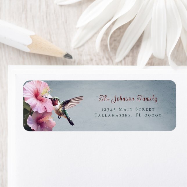 Hummingbird and Hibiscus |  Blue Wedding Address Label (Insitu)