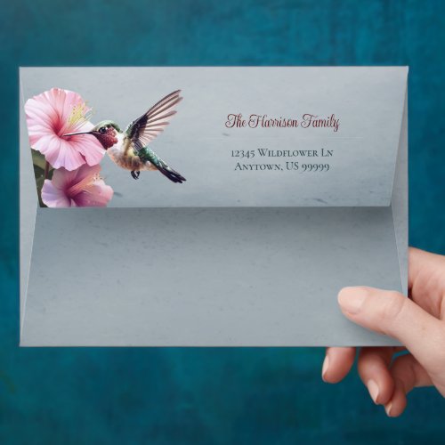Hummingbird and Hibiscus  Blue Wedding Envelope