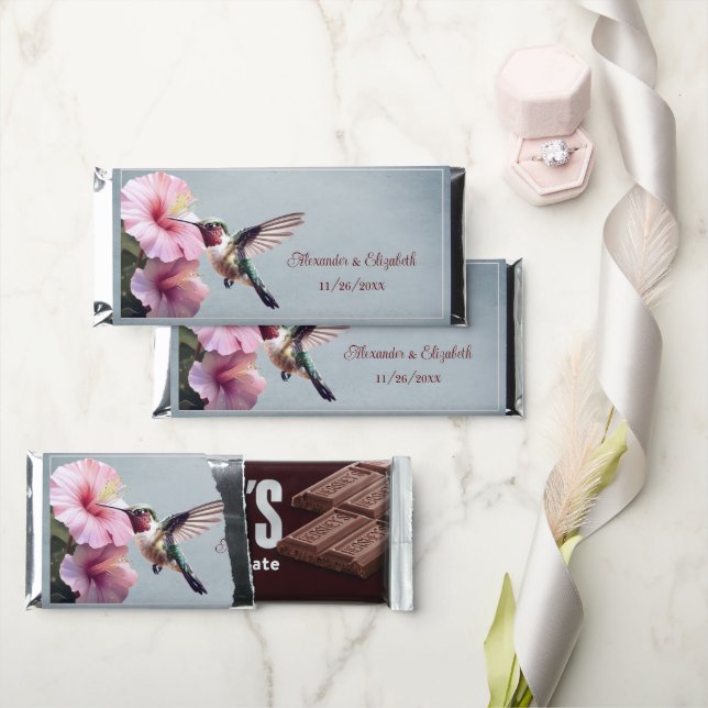 Hummingbird and Hibiscus | Blue Wedding Hershey Bar Favors (Front)