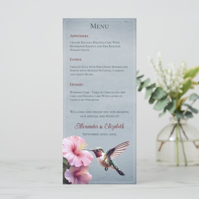Hummingbird and Hibiscus | Blue Wedding Menu (Standing Front)