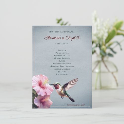 Hummingbird and Hibiscus  Blue Wedding Program