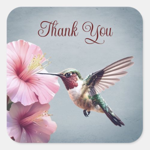 Hummingbird and Hibiscus  Blue Wedding Thank You Square Sticker