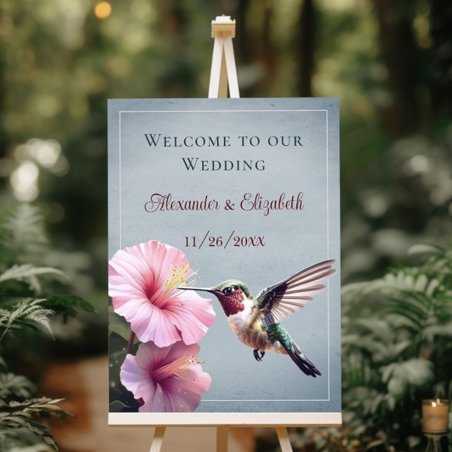 Hummingbird and Hibiscus | Blue Wedding Welcome Foam Board (Blue Hummingbird and Hibiscus Wedding Welcome Foam Board)