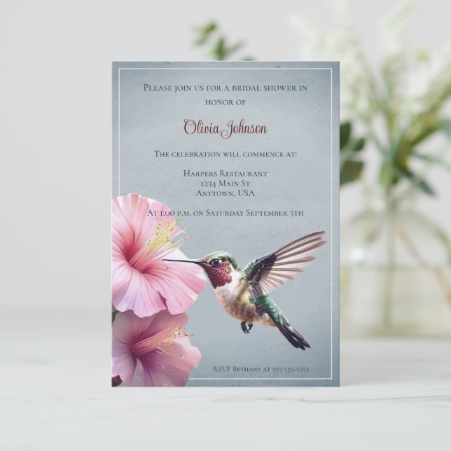 Hummingbird and Hibiscus Bridal Shower | Blue Invitation (Standing Front)