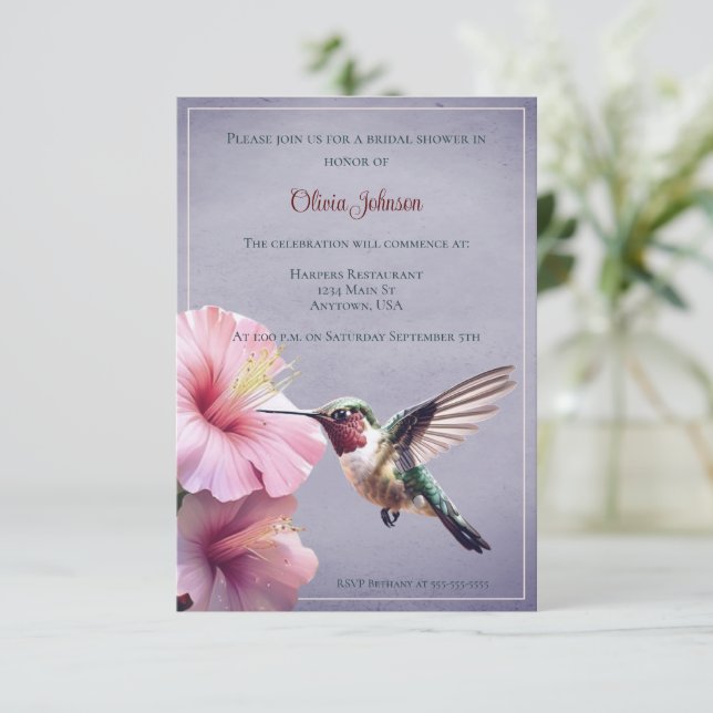 Hummingbird and Hibiscus Bridal Shower | Purple Invitation (Standing Front)