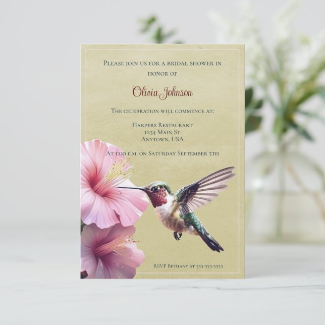 Hummingbird and Hibiscus Bridal Shower | Yellow Invitation (Standing Front)