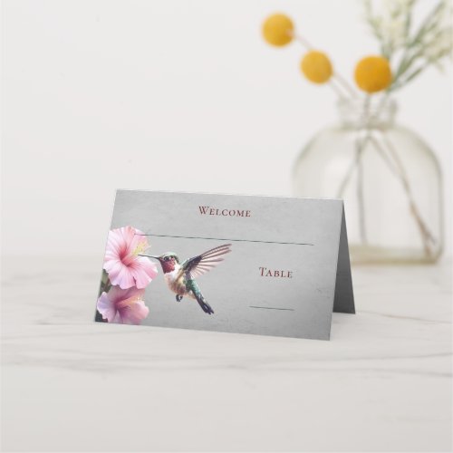 Hummingbird and Hibiscus  Gray Reception Place Card