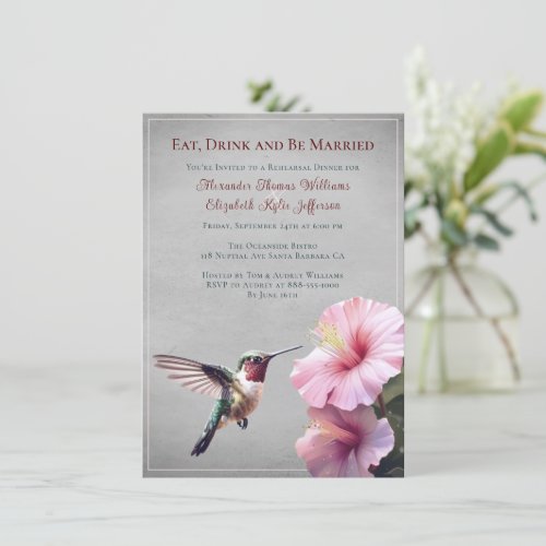 Hummingbird and Hibiscus  Gray Rehearsal Dinner Invitation