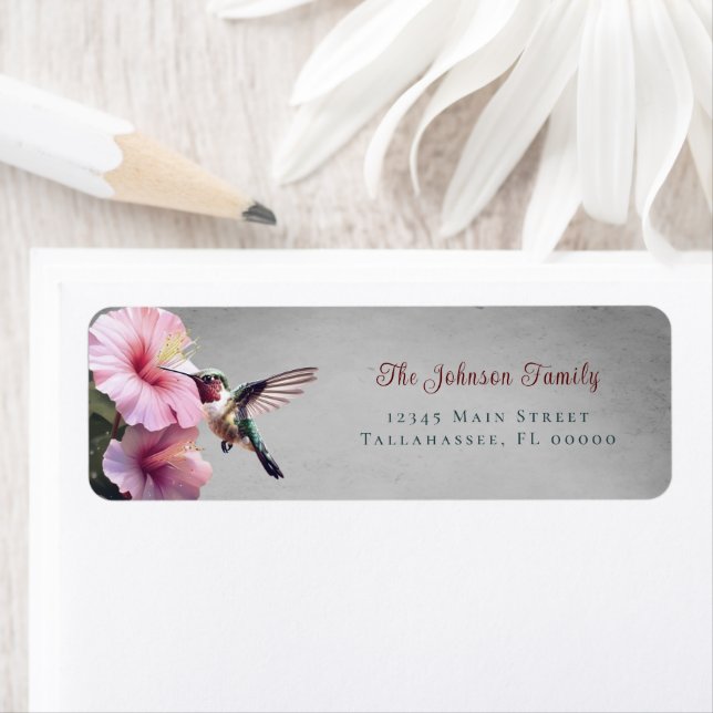 Hummingbird and Hibiscus |  Gray Wedding Address Label (Insitu)