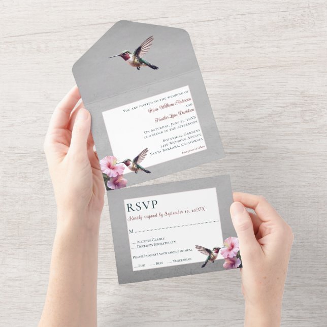 Hummingbird and Hibiscus | Gray Wedding All In One Invitation (Tearaway)