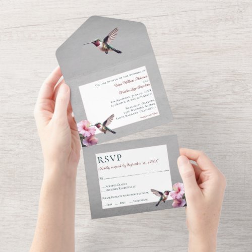 Hummingbird and Hibiscus  Gray Wedding All In One Invitation