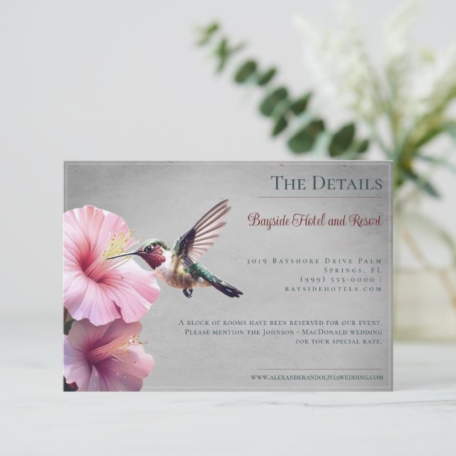 Hummingbird and Hibiscus | Gray Wedding Enclosure Card (Standing Front)