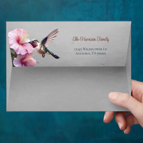 Hummingbird and Hibiscus  Gray Wedding Envelope