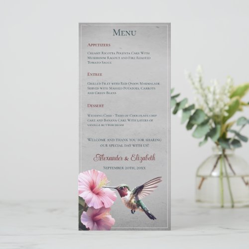 Hummingbird and Hibiscus  Gray Wedding Menu