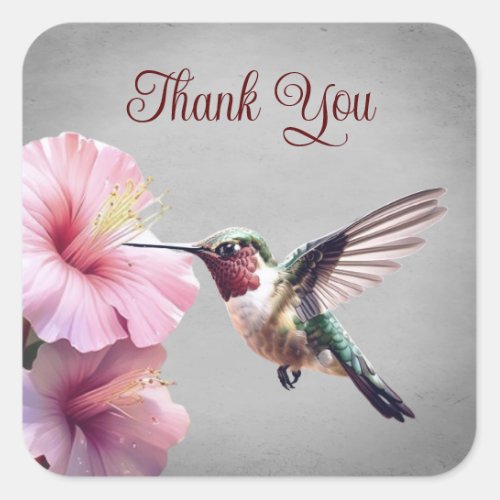 Hummingbird and Hibiscus  Gray Wedding Thank You Square Sticker