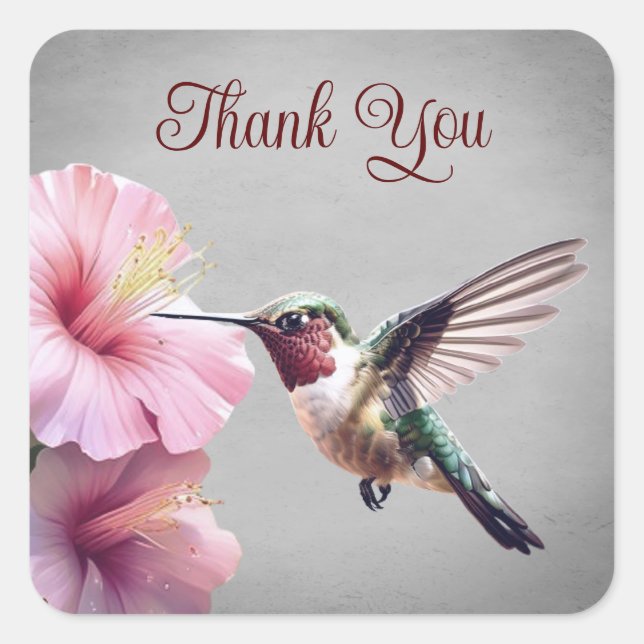 Hummingbird and Hibiscus | Gray Wedding Thank You Square Sticker (Front)