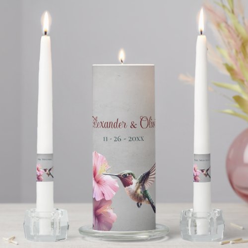 Hummingbird and Hibiscus  Gray Wedding Unity Candle Set