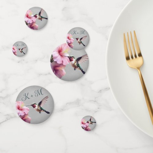 Hummingbird and Hibiscus Monogram Wedding  Gray Confetti