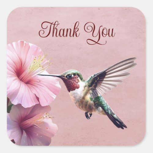 Hummingbird and Hibiscus  Pink Thank You Square Sticker