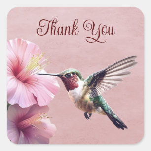 Hummingbird and Hibiscus Pink Thank You Square Sticker