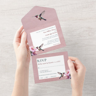 Hummingbird and Hibiscus Pink Wedding All In One Invitation