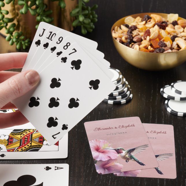 Hummingbird and Hibiscus | Pink Wedding Favor Poker Cards (In Situ)
