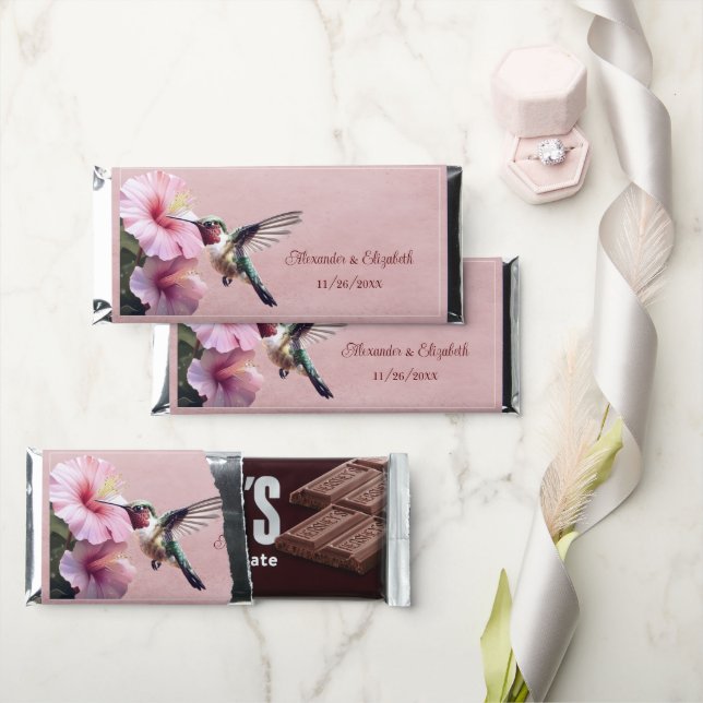 Hummingbird and Hibiscus | Pink Wedding Hershey Bar Favors (Front)