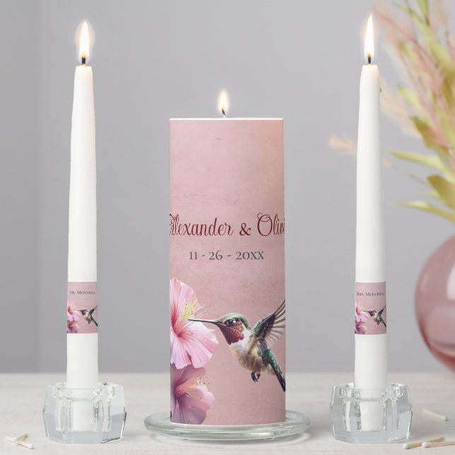 Hummingbird and Hibiscus | Pink Wedding Unity Candle Set (In Situ)