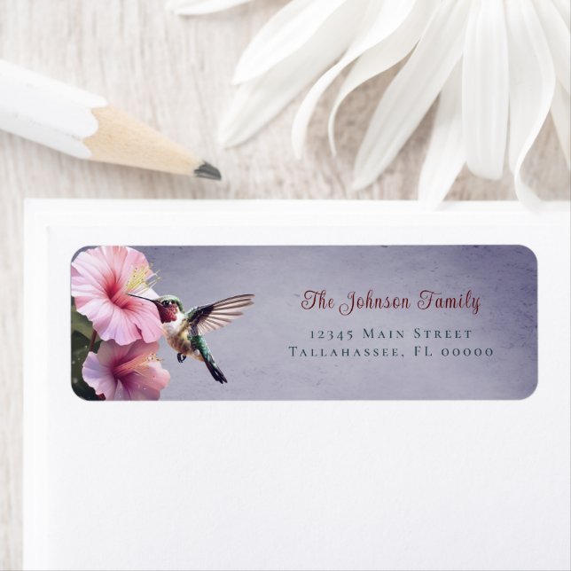 Hummingbird and Hibiscus | Purple Wedding Address Label (Insitu)