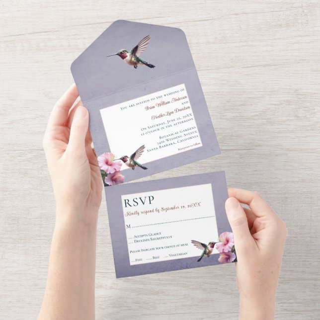 Hummingbird and Hibiscus | Purple Wedding All In One Invitation (Tearaway)