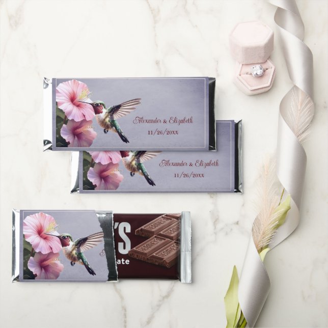 Hummingbird and Hibiscus | Purple Wedding Hershey Bar Favors (Front)