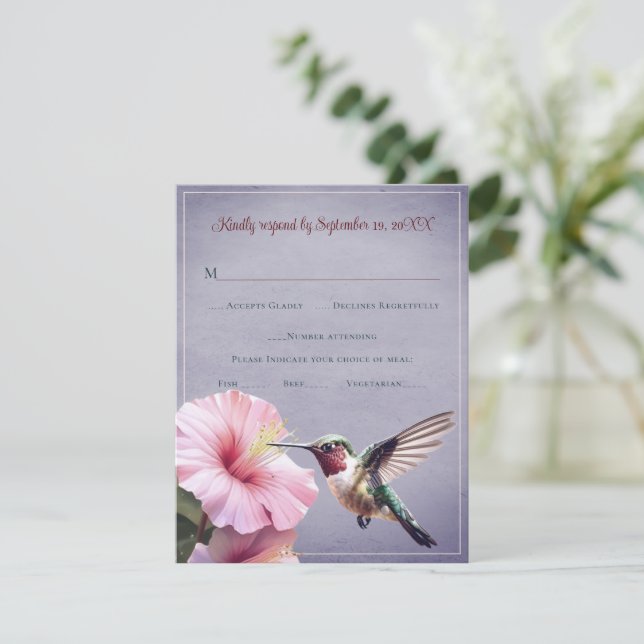 Hummingbird and Hibiscus | Purple Wedding RSVP (Standing Front)