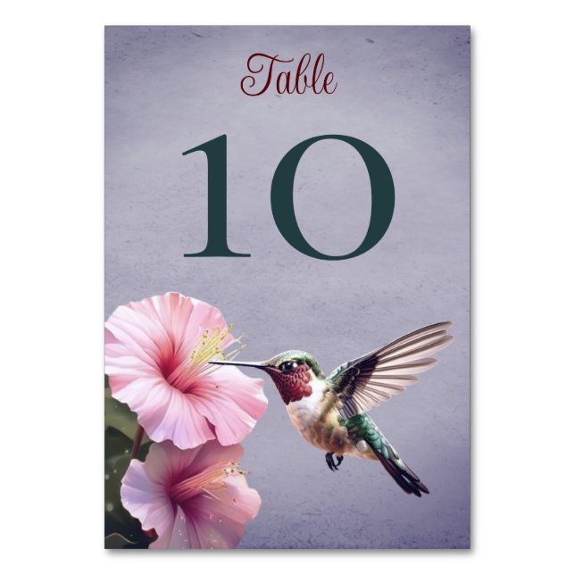 Hummingbird and Hibiscus | Purple Wedding  Table Number (Front)